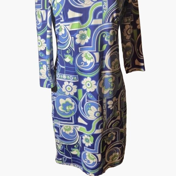 J. McLaughlin Blue Floral Dress Size Medium Stretchy Catalina Cloth Rear Zipper - Picture 3 of 9